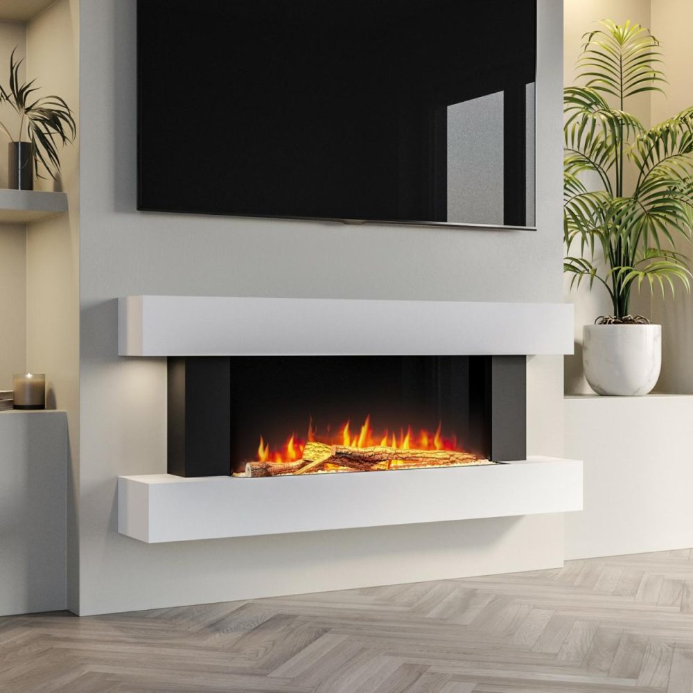 White Wall Mounted Electric Fireplace Suite With Led Lights 52 Inch- Amberglo Fireplace Suites