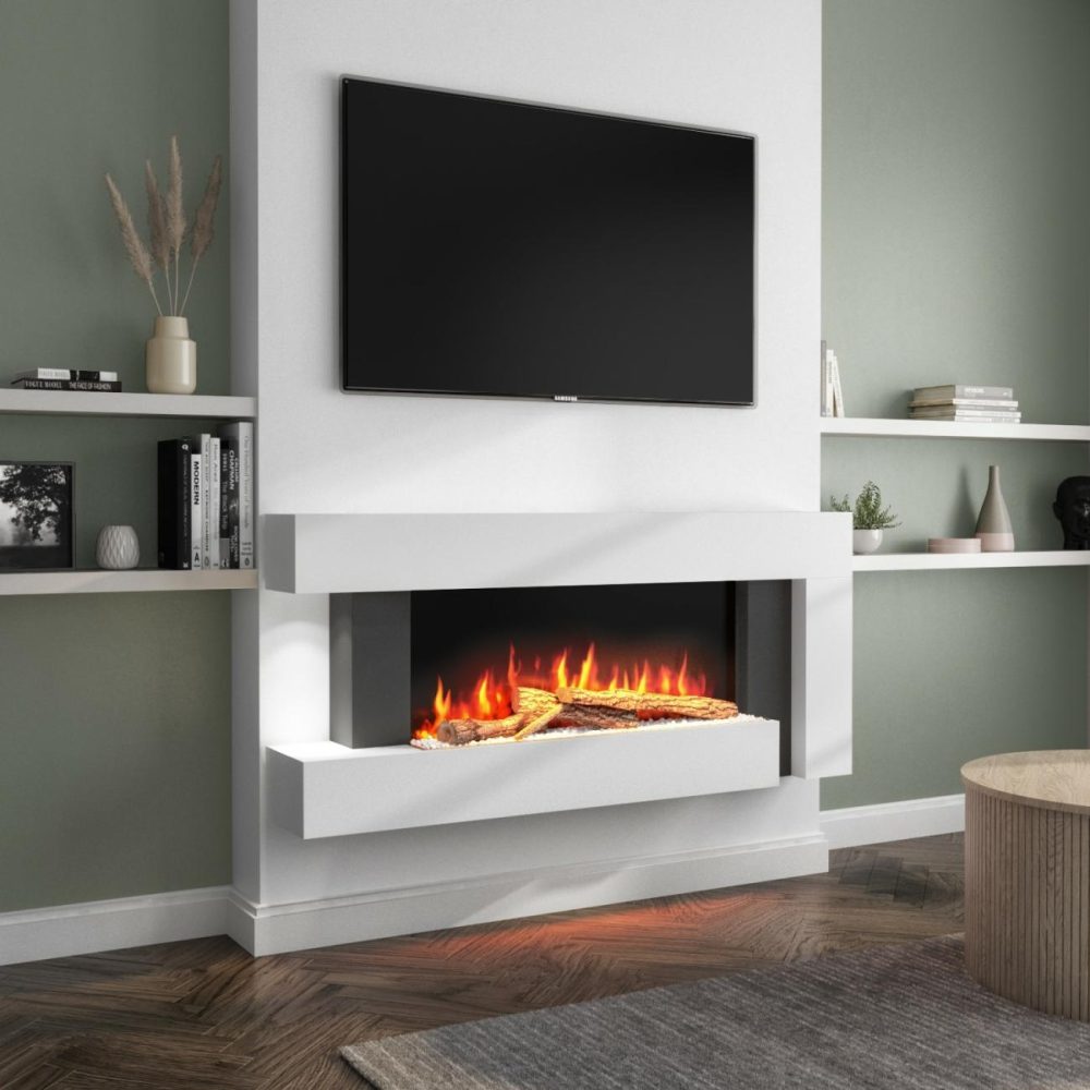 White Wall Mounted Electric Fireplace Suite With Led Lights – Amberglo Fireplace Suites