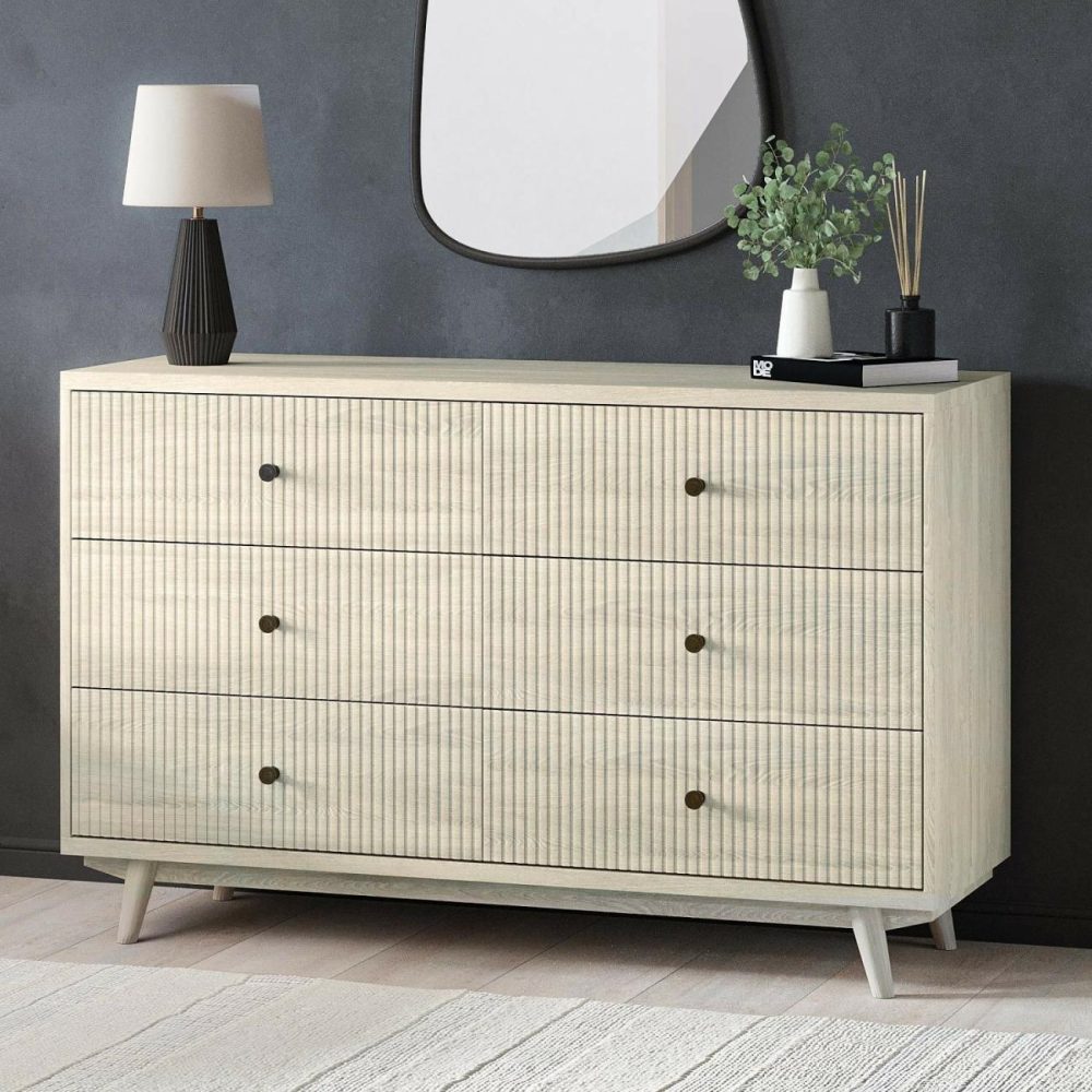 Wide Cream Limewash Chest Of 6 Drawers With Legs – Beau Chest Of Drawers