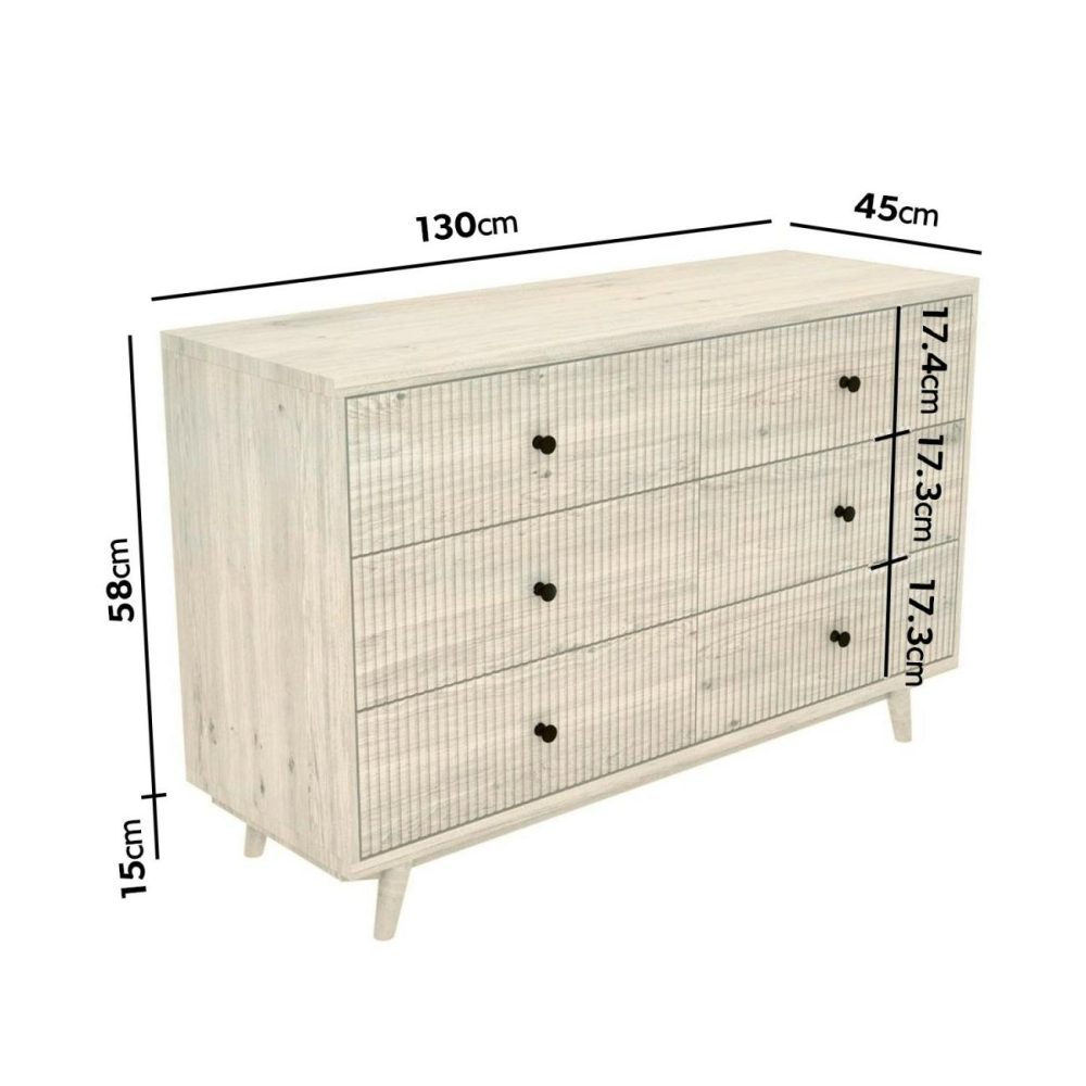 Wide Cream Limewash Chest Of 6 Drawers With Legs – Beau Chest Of Drawers