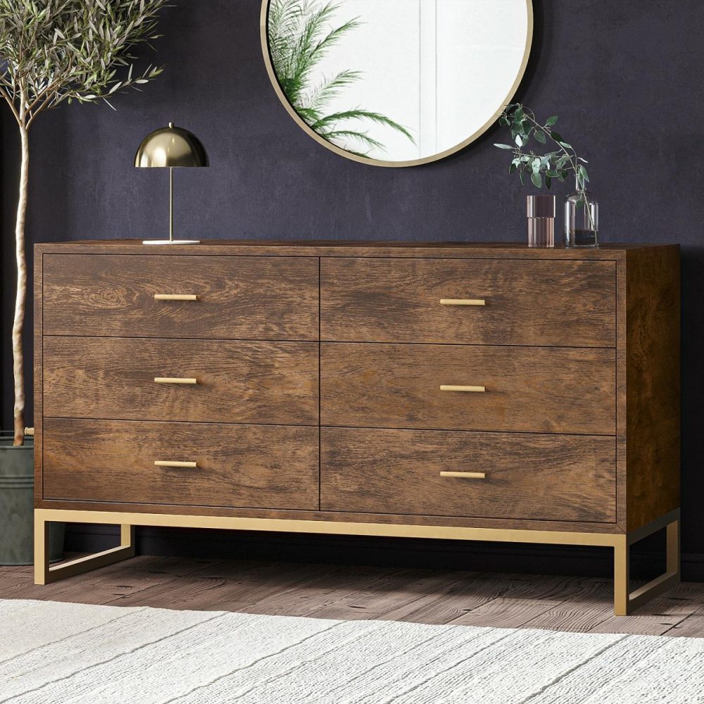 Wide Walnut Chest Of 6 Drawers With Legs – Aubrey Chest Of Drawers