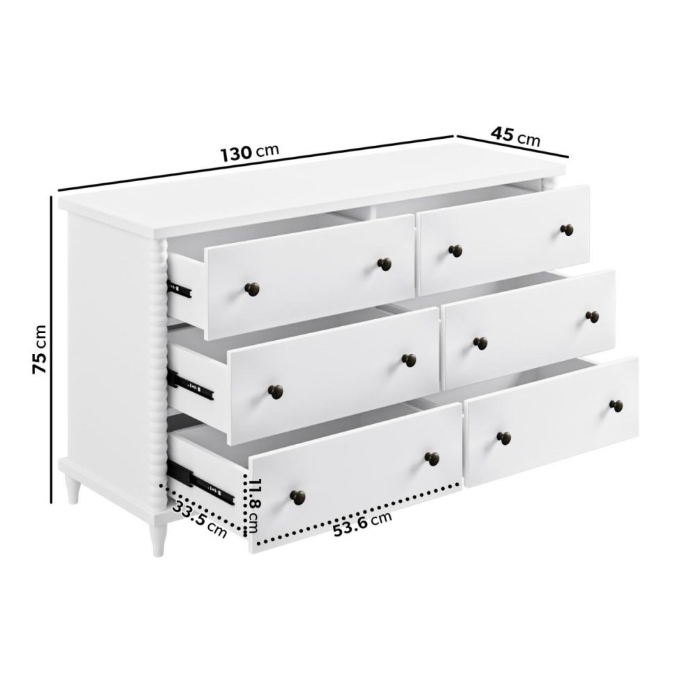 Wide White Bobbin Chest Of 6 Drawers – Alma Chest Of Drawers