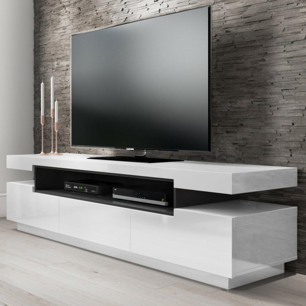 Wide White Gloss Tv Stand With Storage – Tv’s Up To 85″ – Harlow Furniture