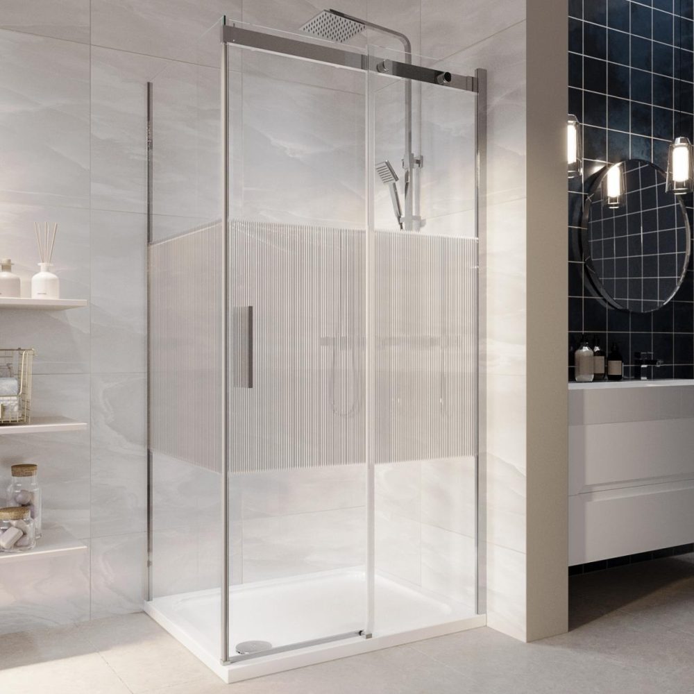 1200X800Mm Chrome Frameless Fluted Glass Sliding Shower Enclosure Left Hand – Matira Bathroom