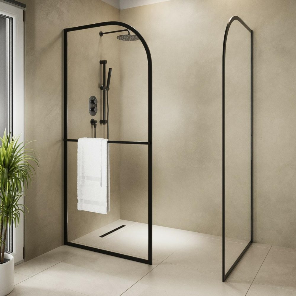 1400X800Mm Black Curved Walk In Shower Enclosure With Towel Rail – Raya Bathroom