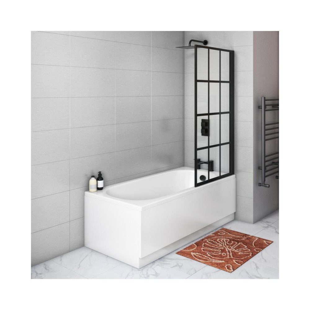 Single Ended Shower Bath With Front Panel & Right Hand Black Grid Bath Screen 1700 X 700Mm – Alton Bathroom