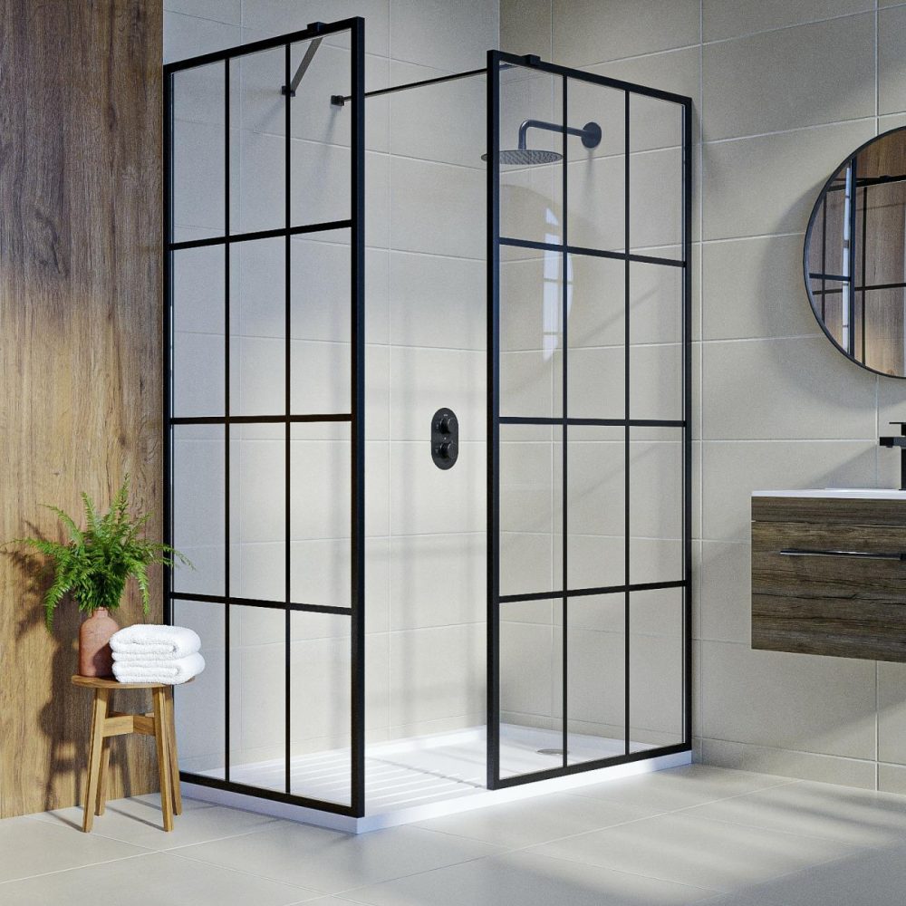 1400X800Mm Black Grid Framework Walk In Shower Enclosure And Shower Tray With Drying Area – Nova Bathroom