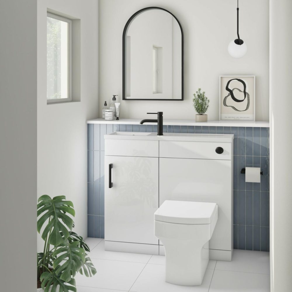 900Mm White Cloakroom Toilet And Sink Unit With Square Toilet And Black Fittings – Ashford Bathroom