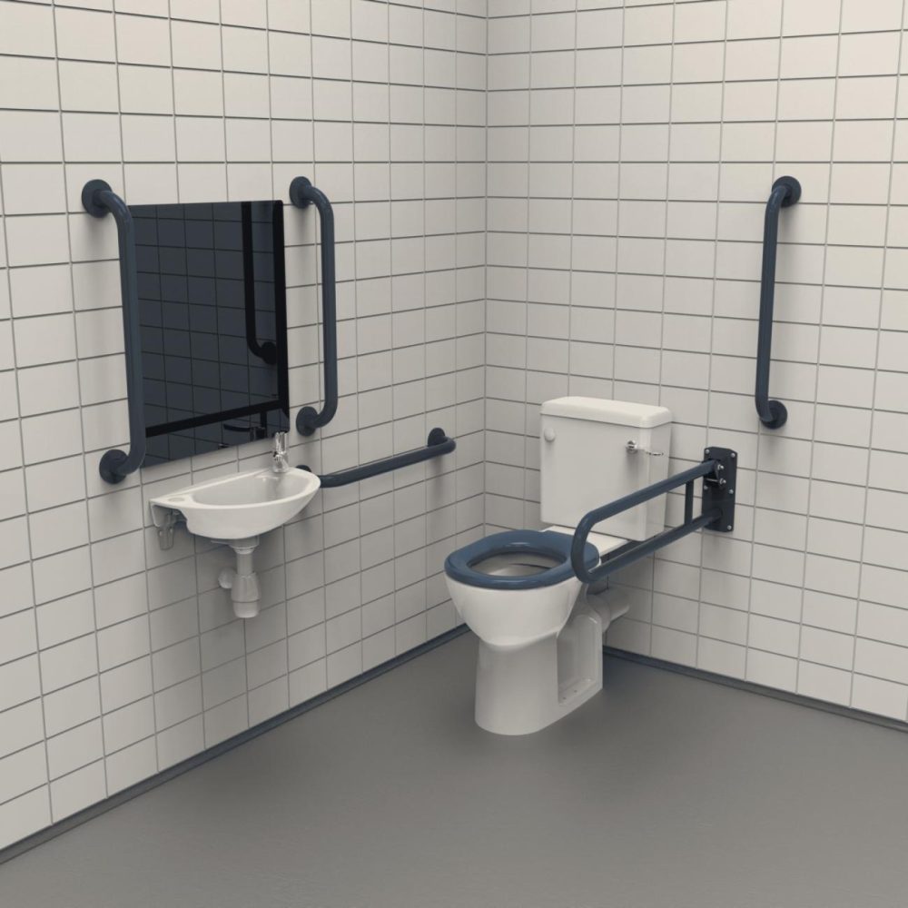 Close Coupled Doc M Toilet Pack Stainless Steel Concealed Fixings Dark Blue Bathroom