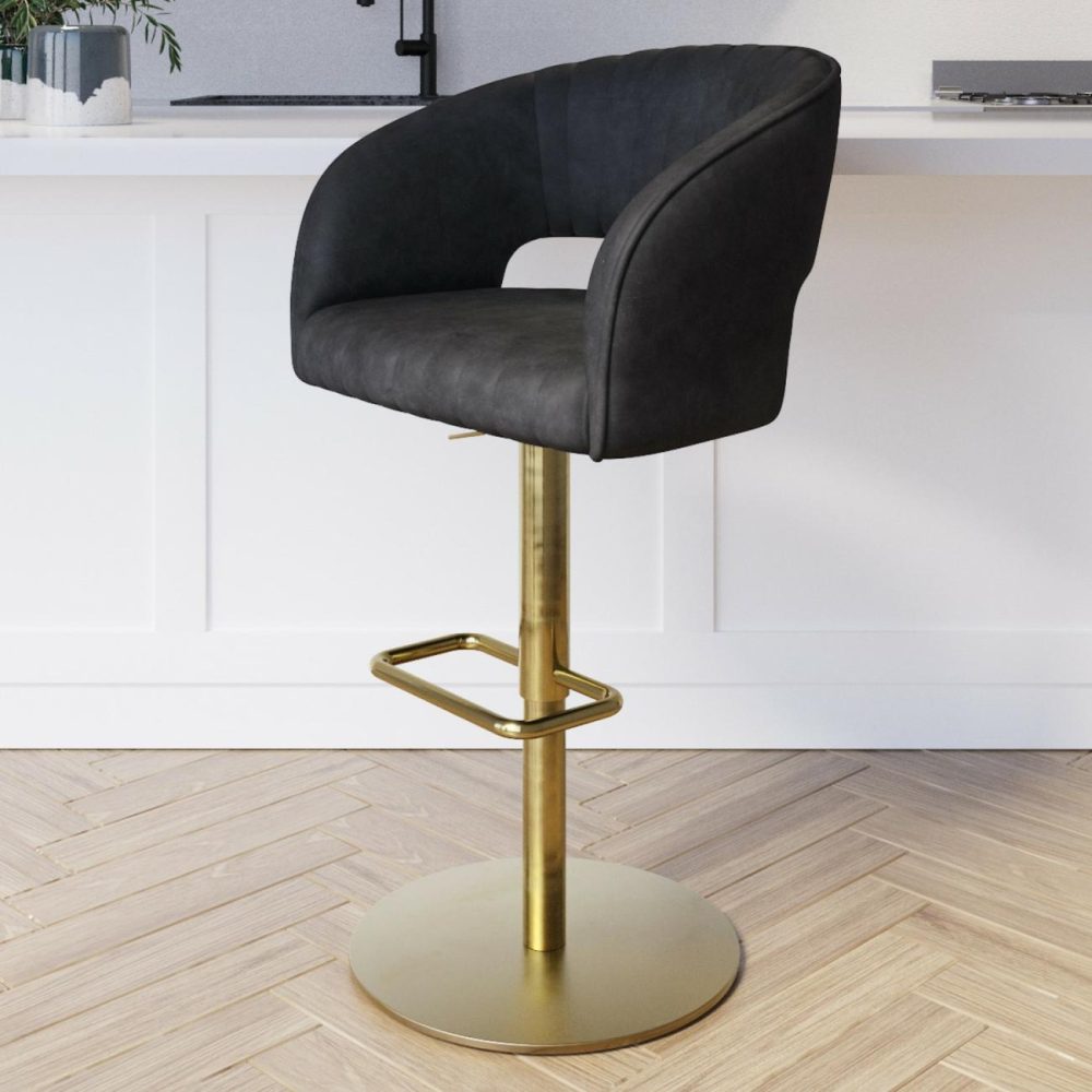 Curved Black Faux Leather Adjustable Swivel Bar Stool With Brass Base – Runa Bar & Kitchen Stools