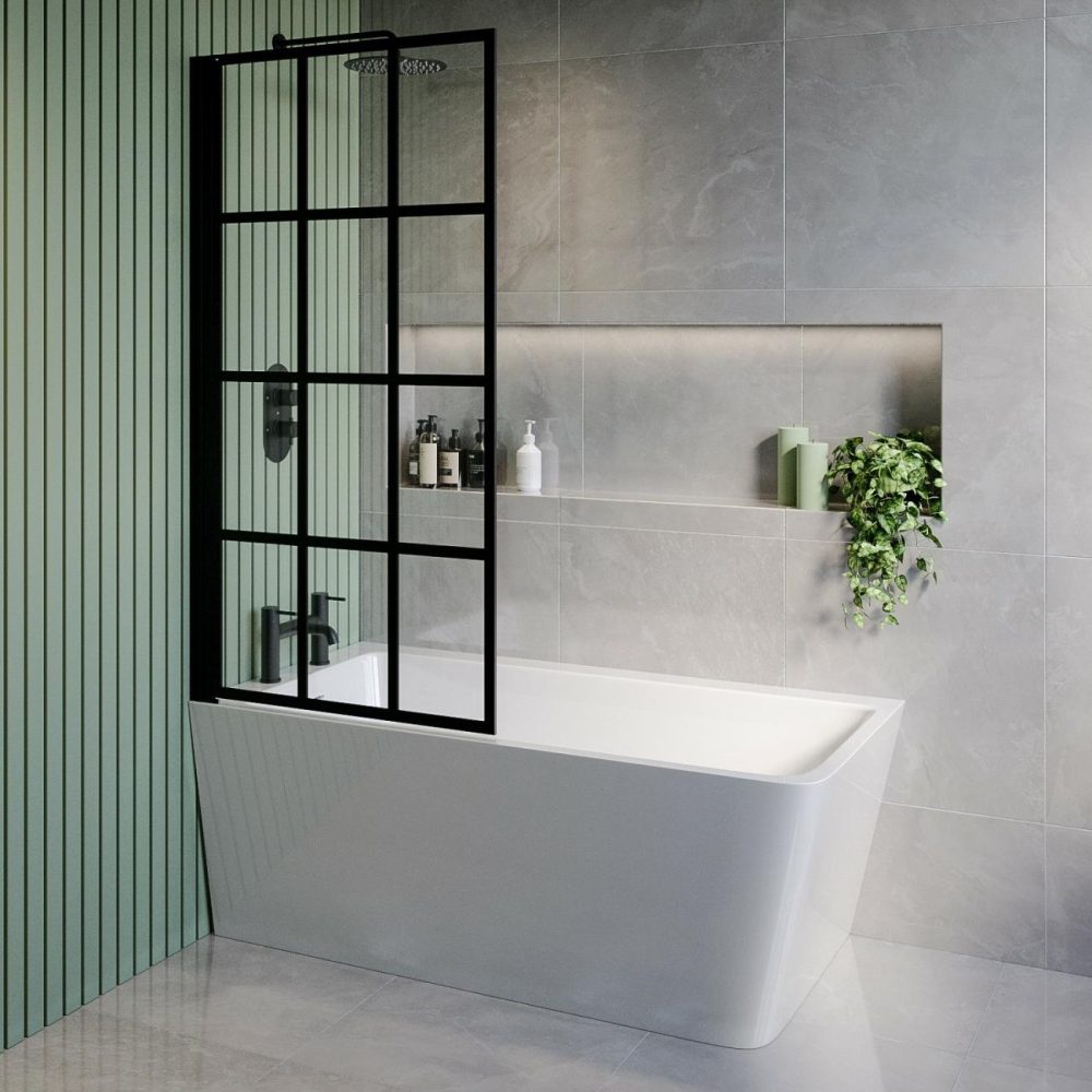 Freestanding Single Ended Left Hand Corner Shower Bath With Black Grid Bath Screen 1500 X 740Mm – Kona Bathroom