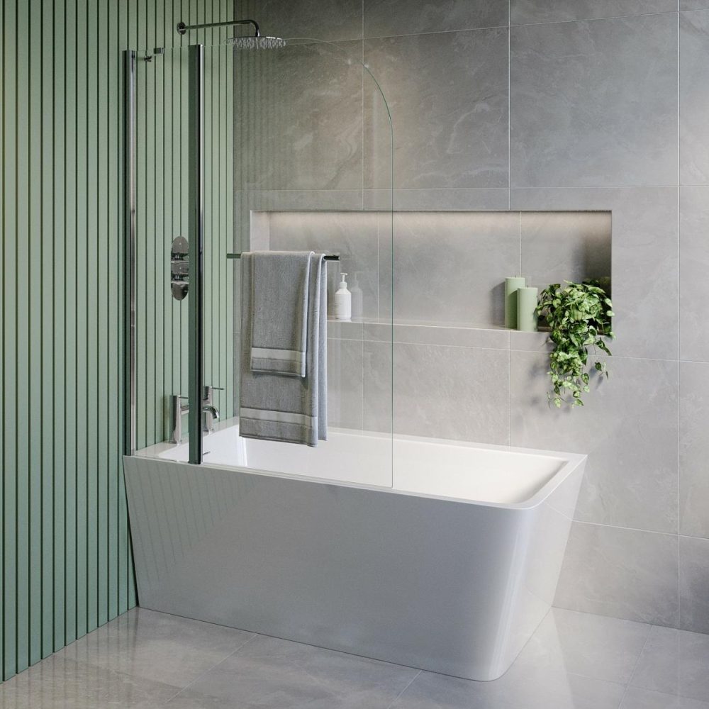 Freestanding Single Ended Left Hand Corner Shower Bath With Chrome Bath Screen With Fixed Panel & Towel Rail 1500 X 740Mm – Kona Bathroom