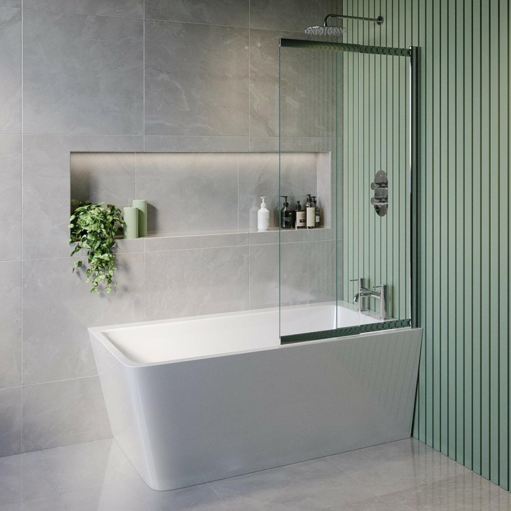 Freestanding Single Ended Right Hand Corner Shower Bath With Chrome Sliding Bath Screen 1500 X 740Mm – Kona Bathroom