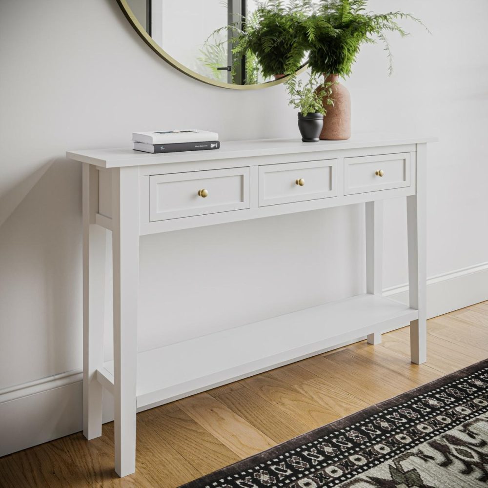 Large Narrow Console Table In White Wood With Drawers – Elms Console Tables