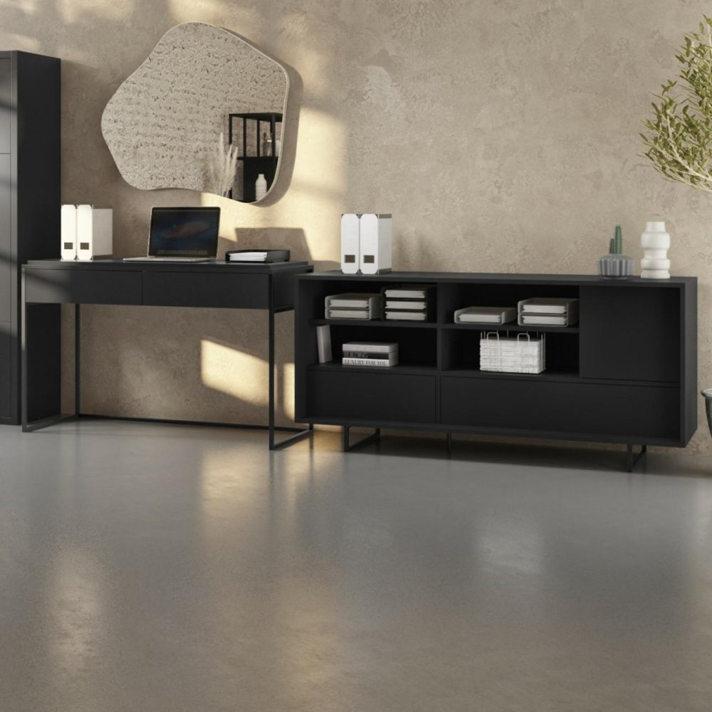 Matt Black Office Desk And Sideboard With Storage Set – Larsen Furniture Sets