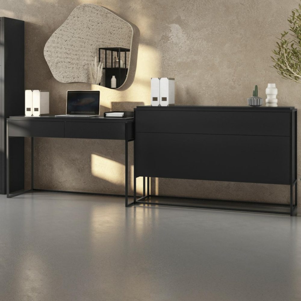 Matt Black Office Desk And Storage Cabinet Set – Larsen Furniture Sets