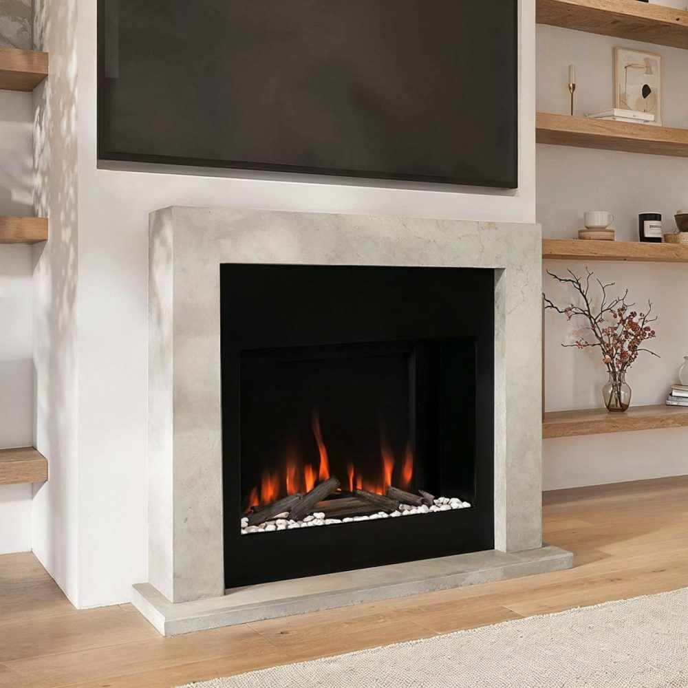 Stone Effect Free Standing Electric Fireplace Suite With Customisable Exposed Fuel Bed – Amberglo Fireplace Suites