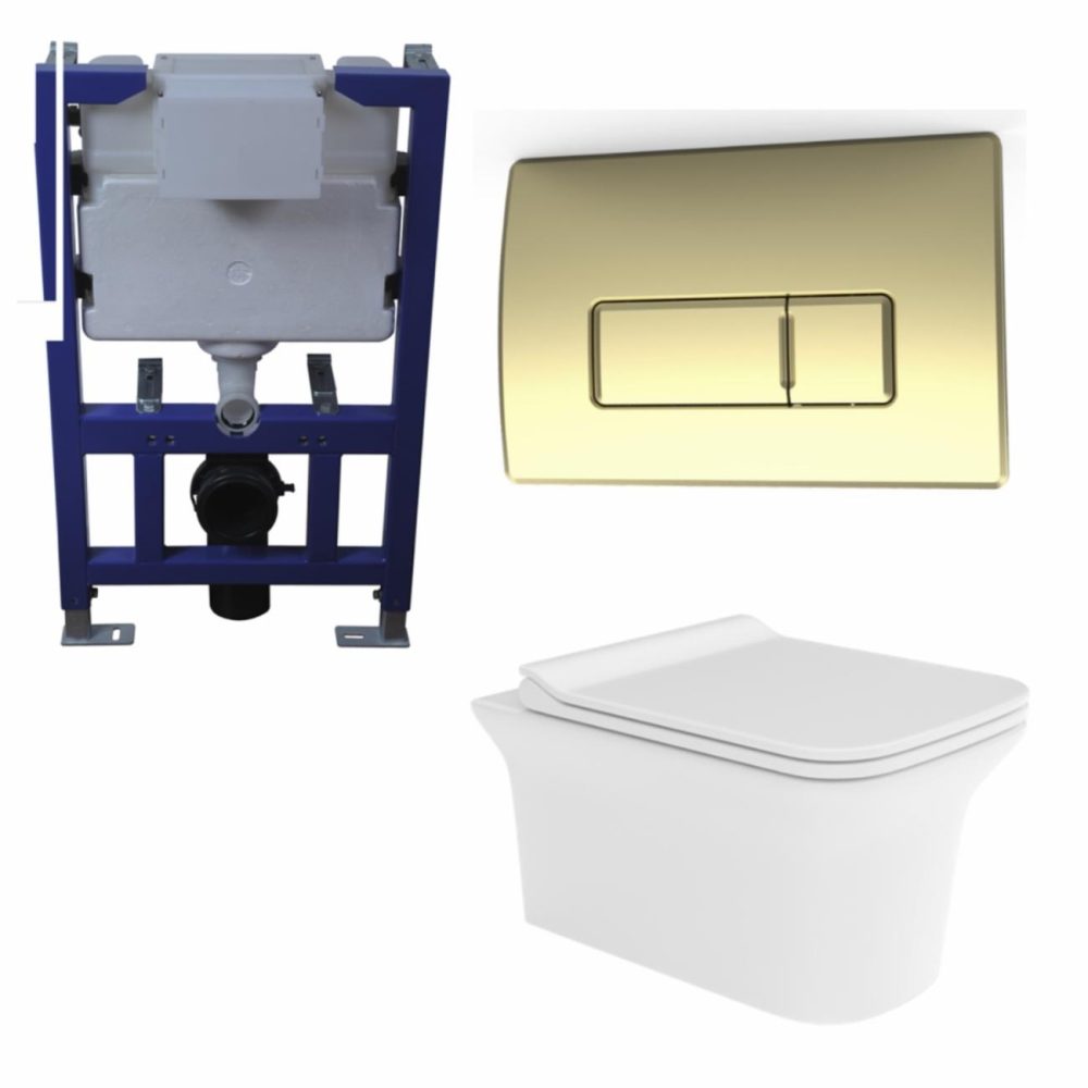 Wall Hung Wc, Soft Close Seat, 820 Frame And Brushed Brass Flush Plate Bathroom