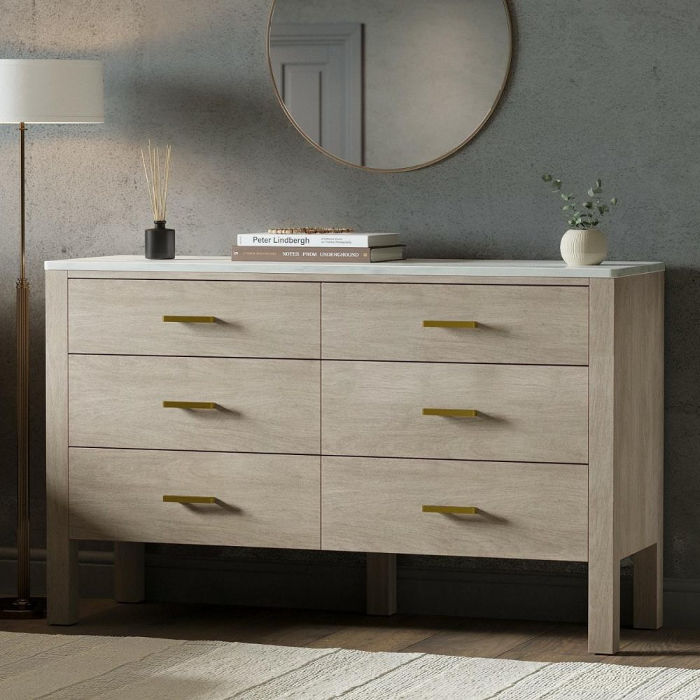 Wide Solid Wood Marble Top Chest Of 6 Drawers – Alessio Chest Of Drawers