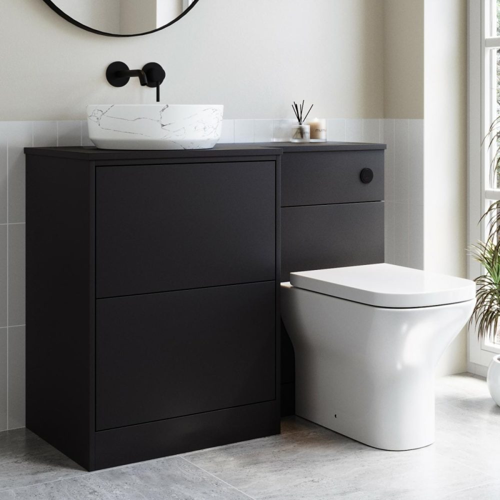 1100Mm Black Combination Unit Left Hand With Toilet, Marble Basin And Black Fittings- Palma Bathroom