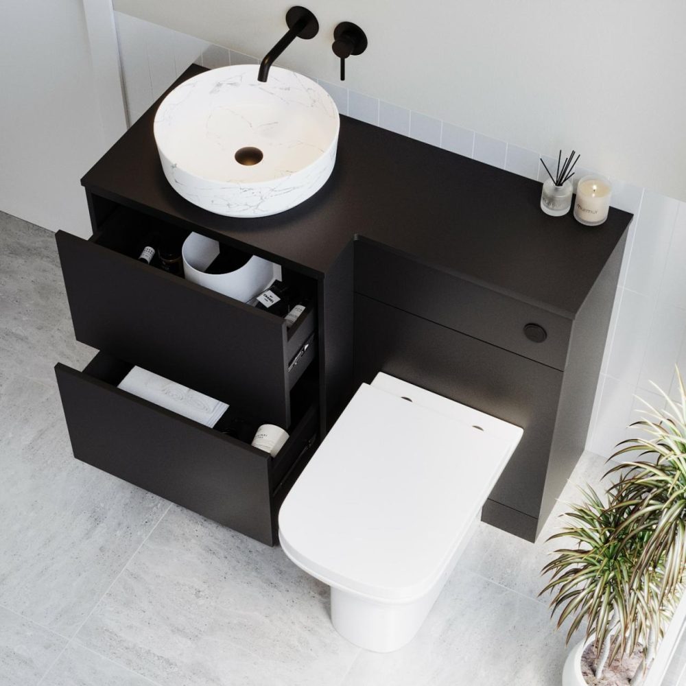 1100Mm Black Combination Unit Left Hand With Toilet, Marble Basin And Black Fittings- Palma Bathroom