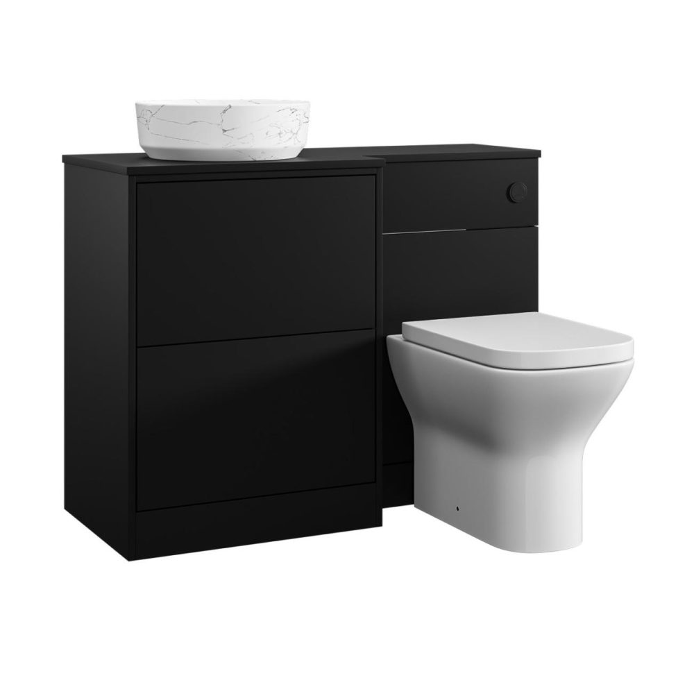 1100Mm Black Combination Unit Left Hand With Toilet, Marble Basin And Black Fittings- Palma Bathroom