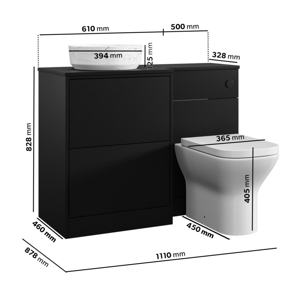 1100Mm Black Combination Unit Left Hand With Toilet, Marble Basin And Black Fittings- Palma Bathroom