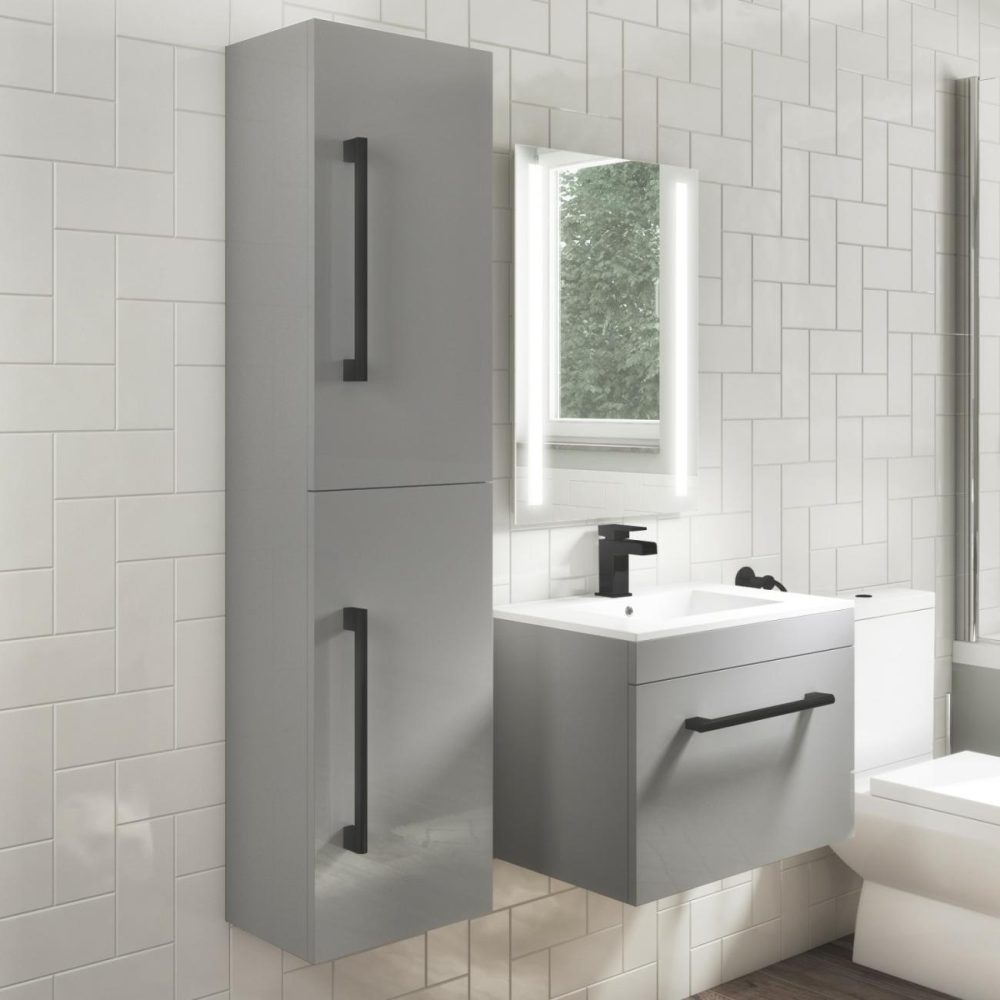 Double Door Grey Wall Hung Tall Bathroom Cabinet With Black Handles 350 X 1400Mm – Ashford Bathroom