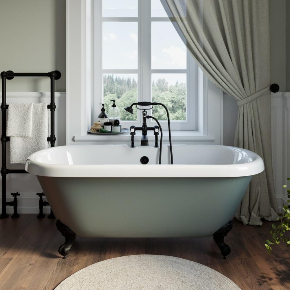 Freestanding Light Green Double Ended Roll Top Bath With Black Feet 1515 X 740Mm – Park Royal Bathroom