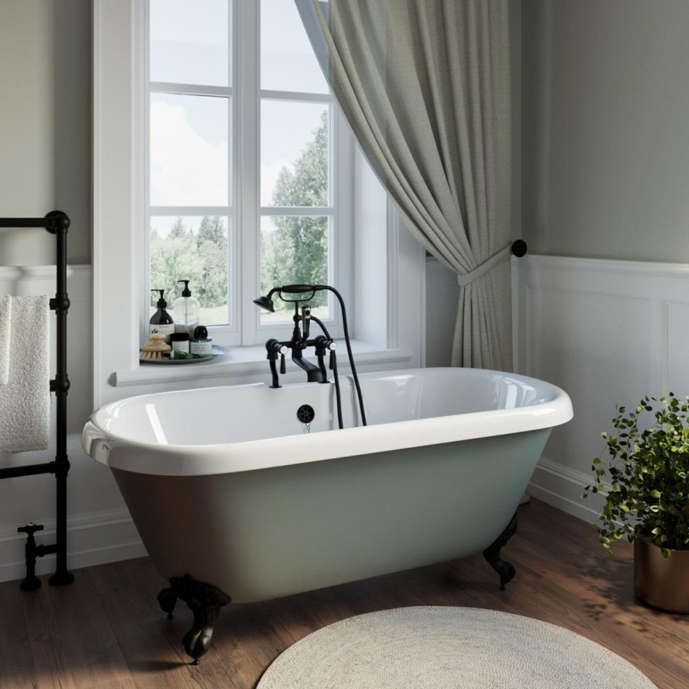 Freestanding Light Green Double Ended Roll Top Bath With Black Feet 1515 X 740Mm – Park Royal Bathroom