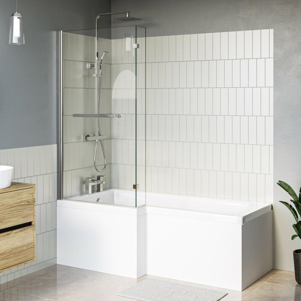 L Shape Shower Bath Left Hand With Front Panel & Chrome Bath Screen With Towel Rail 1500 X 850Mm – Lomax Bathroom