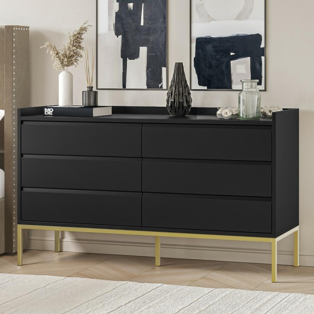 Wide Black Modern Chest Of 6 Drawers With Legs - Zion