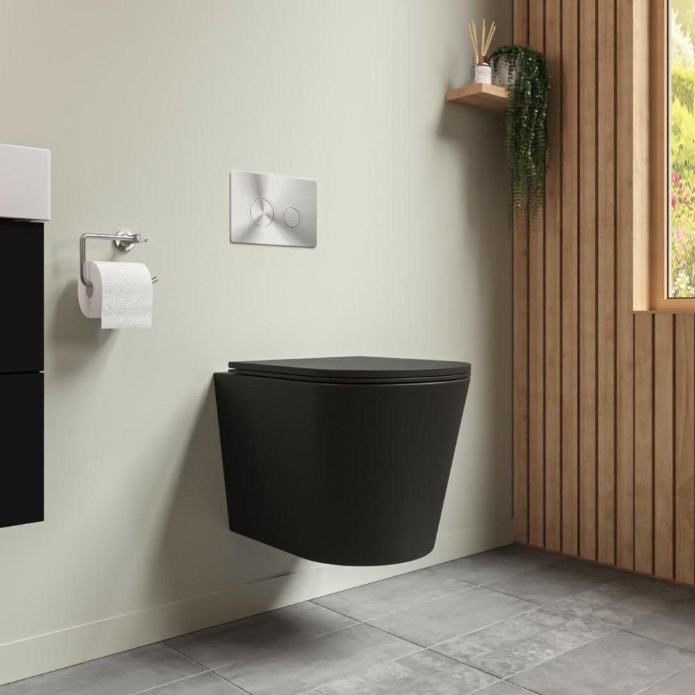 Matt Black Wall Hung Rimless Toilet With Soft Close Seat Cistern Frame And Chrome Flush – Verona Bathroom